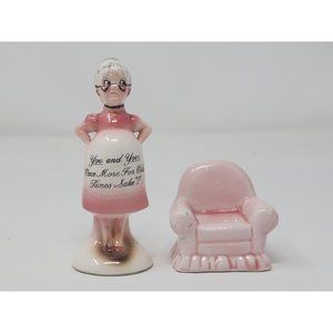 Vintage Enesco Salt And Pepper Pregnant Old Lady With A Chair‎